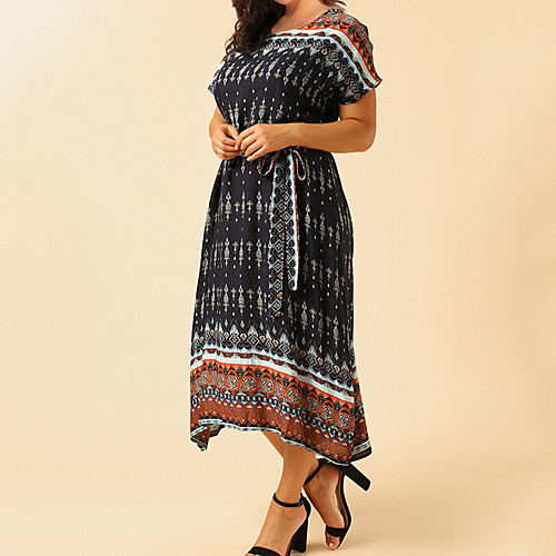 

Women's Shift Dress Midi Dress Dusty Blue Short Sleeve Print Print Fall Summer Round Neck Elegant Casual Loose 2021 L XL XXL 3XL / Plus Size