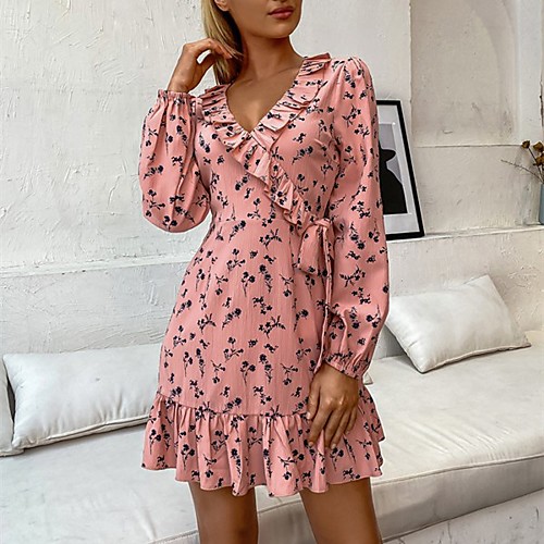 

Women's A Line Dress Short Mini Dress Blushing Pink Long Sleeve Floral Ruched Patchwork Fall Summer V Neck Elegant Casual Lantern Sleeve Slim 2021 S M L