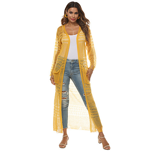 

Women's Basic Hollow Out Knitted Solid Color Plain Cardigan Acrylic Fibers Long Sleeve Sweater Cardigans V Neck Fall Summer White Black Purple