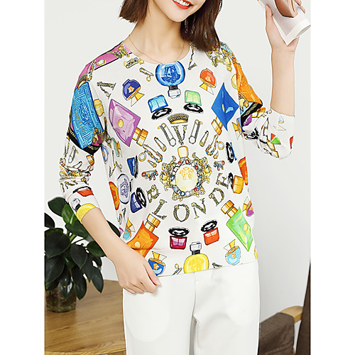 

Women's Stylish Boho Knitted Rainbow Geometric Abstract Pullover Long Sleeve Sweater Cardigans Crew Neck Round Neck Fall White