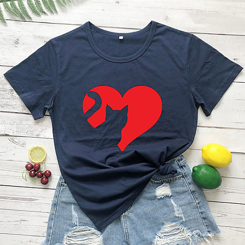 

Women's T shirt Graphic Heart Text Print Round Neck Basic Tops 100% Cotton Black Navy Blue