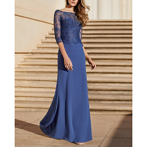

A-Line Mother of the Bride Dress Elegant Off Shoulder Floor Length Chiffon Lace Half Sleeve with Appliques 2021
