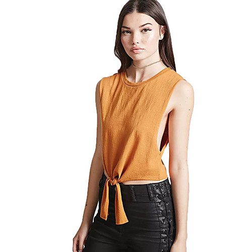 

Women's Tank Top Solid Colored Bow Round Neck Basic Tops Orange Khaki