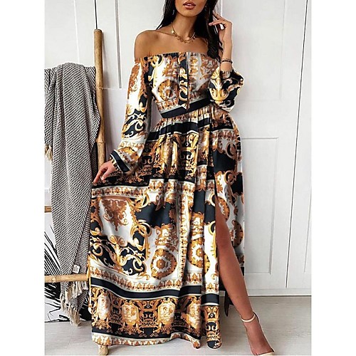 

Women's Swing Dress Maxi long Dress Blushing Pink Khaki Long Sleeve Print Split Print Summer Off Shoulder Hot Sexy Party vacation dresses 2021 S M L XL XXL 3XL