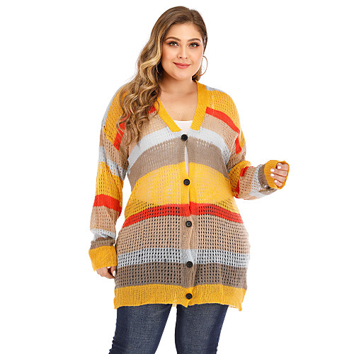 

Women's Basic Hollow Hollow Out Stripe Striped Cardigan Acrylic Fibers Long Sleeve Plus Size Oversized Sweater Cardigans V Neck Fall Spring Yellow