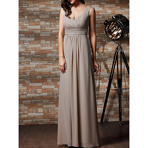 

A-Line V Neck Floor Length Chiffon Bridesmaid Dress with Pleats
