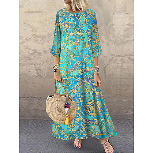 

Women's Shift Dress Maxi long Dress Blue 3/4 Length Sleeve Tribal Print Spring Summer Round Neck Hot Casual vacation dresses Loose 2021 M L XL XXL 3XL / Slub Fabric