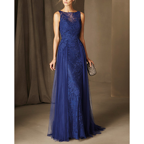 

A-Line Mother of the Bride Dress Elegant Jewel Neck Floor Length Lace Sleeveless with Pleats Appliques 2021