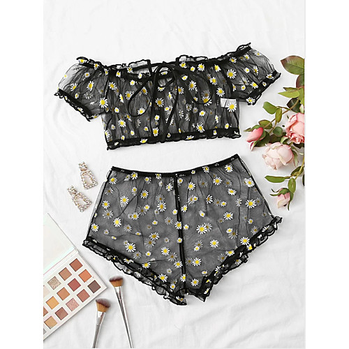 

Women's Mesh Lace Print Super Sexy Suits Nightwear Embroidered Purple / Black / Light Green S M L / Off Shoulder / Off Shoulder