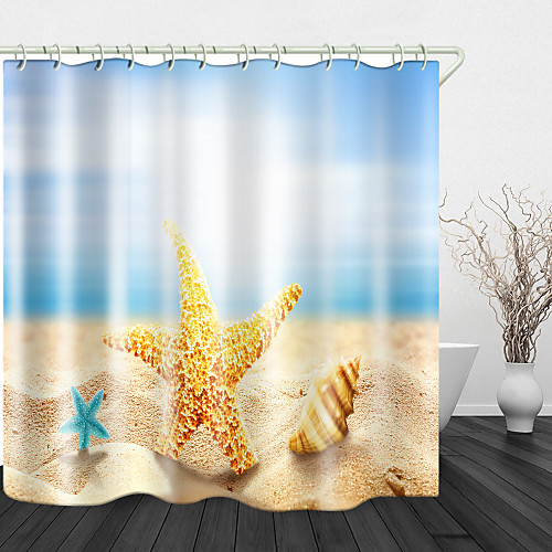 

Blue Starfish Yellow Conch Shower Curtains & Hooks Modern Polyester New Design