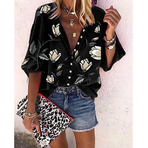 

Women's Blouse Shirt Floral Flower Long Sleeve Print Standing Collar Basic Elegant Tops White Black Orange