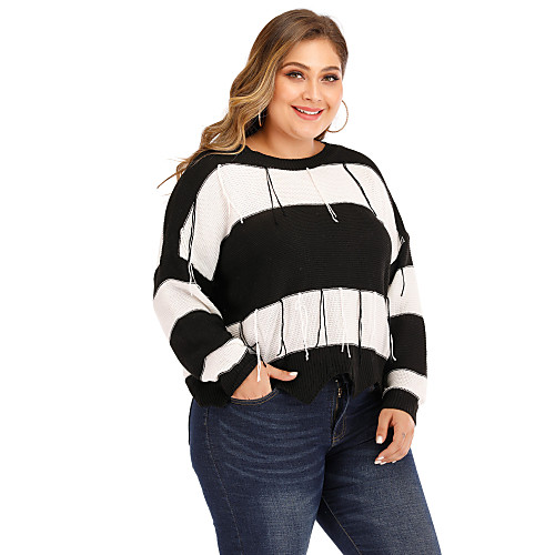 

Women's Basic Open Back Striped Color Block Pullover Long Sleeve Plus Size Oversized Sweater Cardigans Crew Neck Round Neck Fall Winter Black