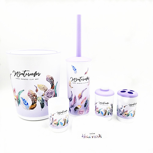 

Bathroom Set Include Soap Dispenser Waste Bin Toilet Brush Mouthwash Cup Soap Dish and 2 Toothbrush Cups Plastic Material 6pcs