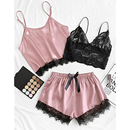 

Women's Suits Pajamas Sets Mesh Lace Bow Patchwork Embroidered Spandex Casual Strap Top Shorts Deep V Daily Wear Home Buckle / 3 Pieces / Super Sexy