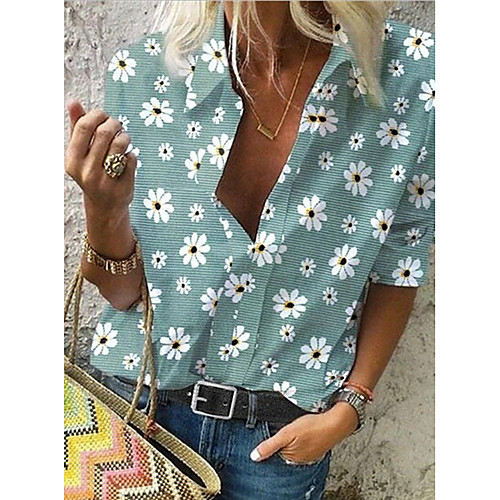

Women's Blouse Shirt Galaxy Long Sleeve Patchwork Print Shirt Collar Basic Tops Cotton Yellow Dark Gray Light Green