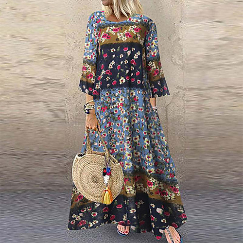 

Women's Maxi long Dress Blue Blushing Pink Green 3/4 Length Sleeve Floral Print Summer Round Neck Hot Casual Loose 2021 M L XL XXL 3XL 4XL 5XL