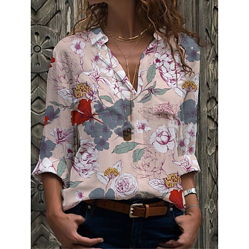 

Women's Blouse Shirt Floral Flower Long Sleeve Print Shirt Collar Basic Tops Loose Blue Purple Yellow