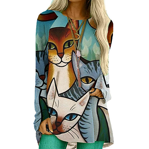 

Women's Blouse Shirt Cat Long Sleeve Print Round Neck Basic Tops Blue