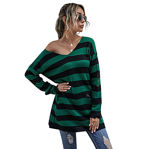 

Women's Basic Striped Pullover Long Sleeve Sweater Cardigans V Neck Fall Spring Green