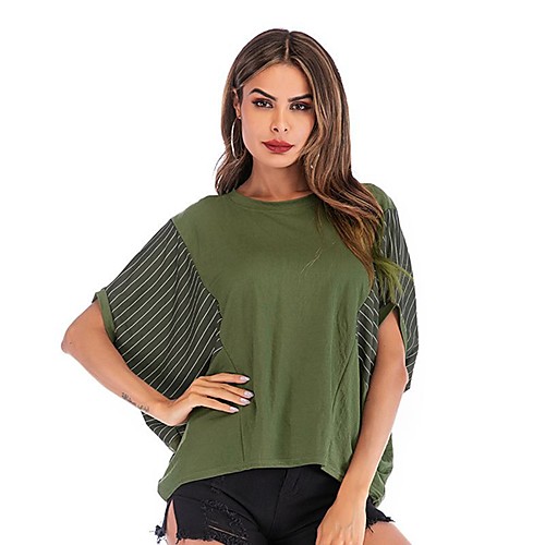 

Women's Blouse Shirt Striped Patchwork Round Neck Basic Tops Green