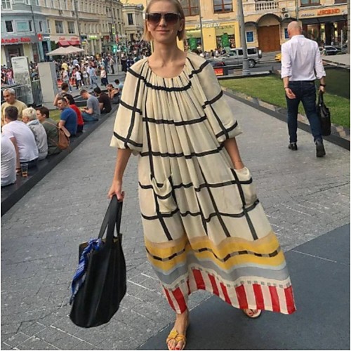 

Women's Swing Dress Maxi long Dress Beige Half Sleeve Print Print Summer Round Neck Hot Casual Going out Lantern Sleeve Loose 2021 S M L XL XXL 3XL