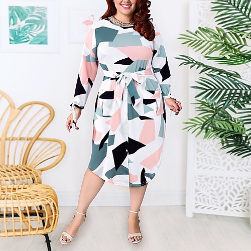 

Women's A Line Dress Knee Length Dress White Long Sleeve Geometric Patchwork Print Summer Round Neck Casual 2021 XL XXL 3XL 4XL