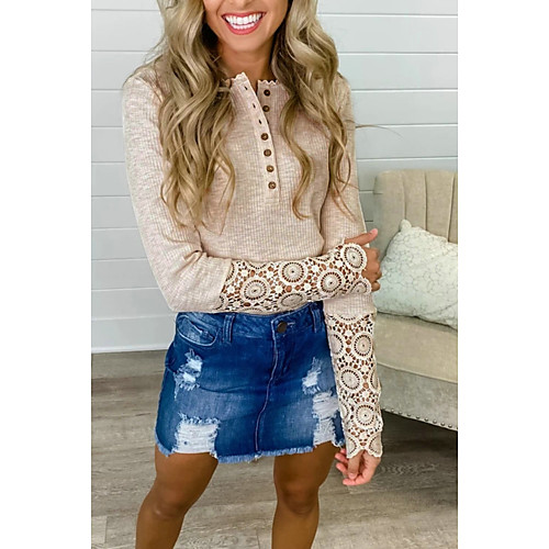 

Women's Blouse Shirt Solid Colored Long Sleeve Cut Out Lace Round Neck Basic Tops Black Khaki