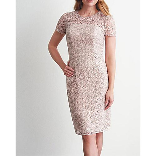 

Sheath / Column Mother of the Bride Dress Elegant Jewel Neck Knee Length Lace Short Sleeve with Lace 2021