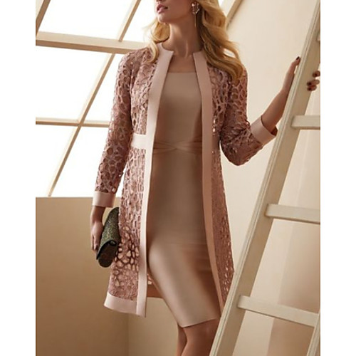 

Sheath / Column Mother of the Bride Dress Elegant Jewel Neck Knee Length Satin Short Sleeve with Sash / Ribbon 2021