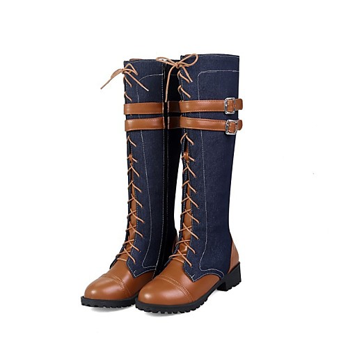 

Women's Boots Riding Boots Wedge Heel Round Toe Knee High Boots Vintage Outdoor Cycling Shoes Denim Lace-up Solid Colored Black Brown Beige / Mid-Calf Boots