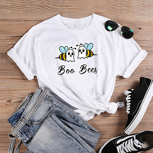 

Women's T shirt Graphic Text Bee Print Round Neck Basic Tops 100% Cotton White Green