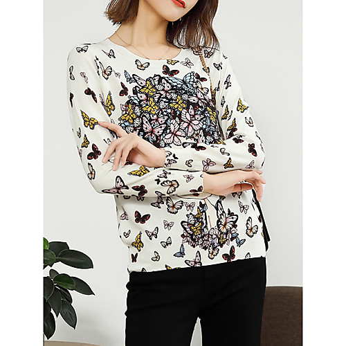 

Women's Freestyle Stylish Knitted Abstract Animal Pullover Long Sleeve Sweater Cardigans Crew Neck Round Neck Fall White