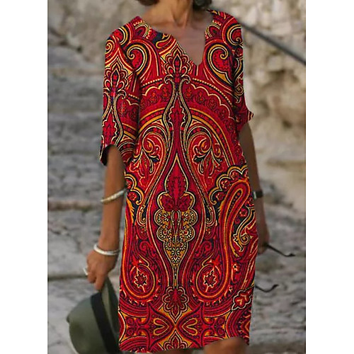 

Women's Shift Dress Knee Length Dress Red Half Sleeve Floral Print Summer V Neck Hot Casual Loose 2021 M L XL XXL 3XL