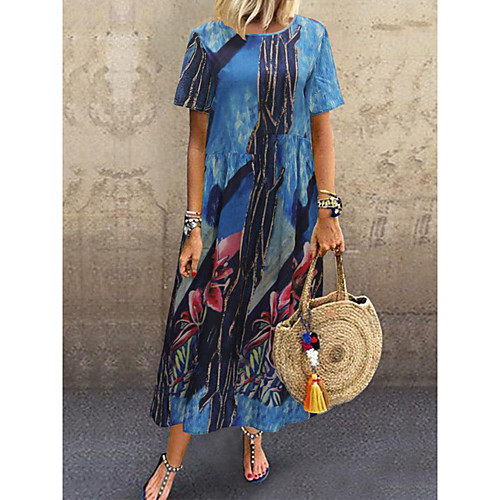 

Women's Shift Dress Maxi long Dress Blue Short Sleeve Print Print Summer Round Neck Casual Loose 2021 L XL XXL 3XL 4XL 5XL