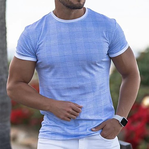 

Men's T shirt Other Prints Check Short Sleeve Daily Tops Basic Blue Purple Green