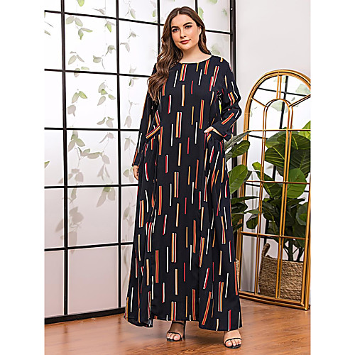 

Women's Shift Dress Maxi long Dress Black Long Sleeve Print Print Fall Round Neck Casual Loose 2021 XL XXL 3XL 4XL