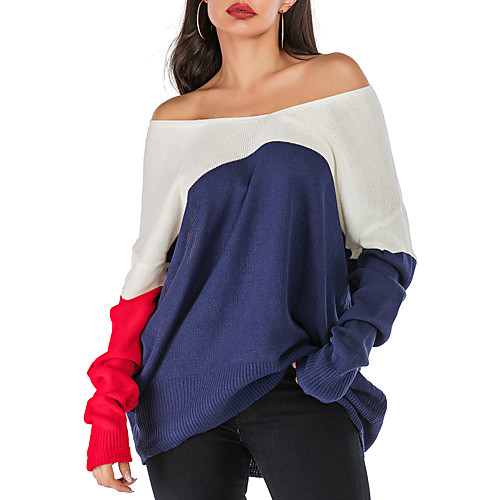 

Women's Color Block Pullover Cotton Long Sleeve Loose Sweater Cardigans Off Shoulder V Neck Fall Blue