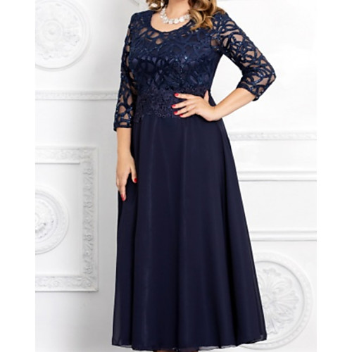 

A-Line Mother of the Bride Dress Elegant Jewel Neck Ankle Length Chiffon Lace 3/4 Length Sleeve with Pleats Appliques 2021