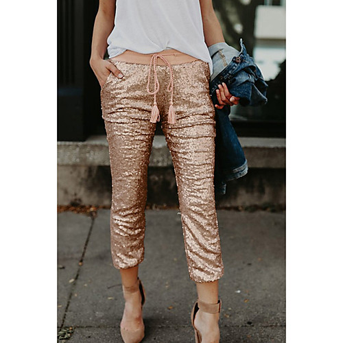 

Women's Basic Outdoor Slim Daily Chinos Pants Solid Colored Full Length Sequins Gold / Winter