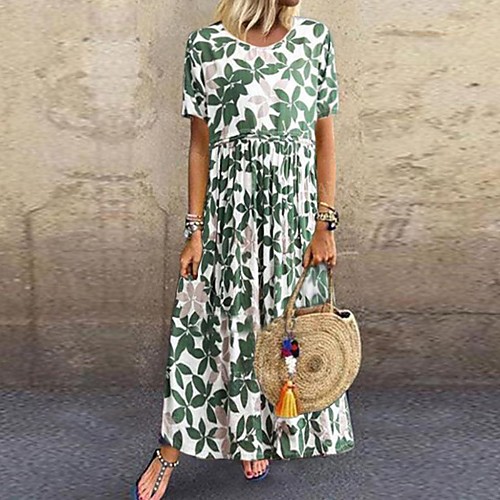 

Women's Swing Dress Maxi long Dress Green Short Sleeve Floral Leaf Print Summer Round Neck Hot Casual Mumu Holiday Loose 2021 S M L XL XXL