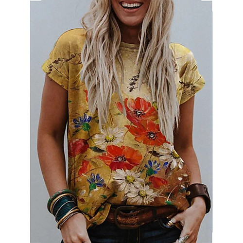 

Women's T shirt Floral Galaxy Flower Print Round Neck Basic Tops Yellow