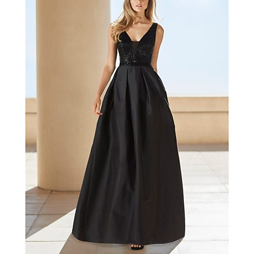 

A-Line Mother of the Bride Dress Elegant V Neck Floor Length Satin Sleeveless with Sash / Ribbon 2021