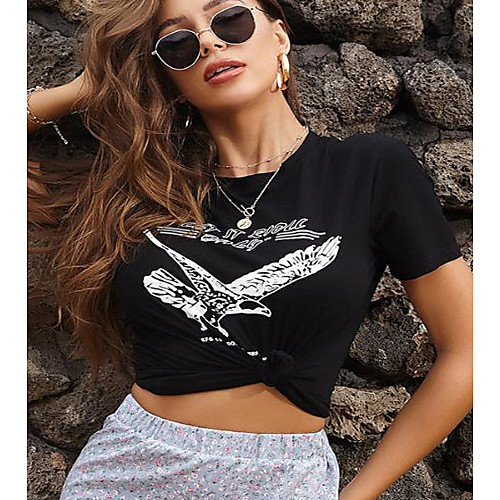 

Women's T shirt Animal Print Round Neck Basic Tops White Black Yellow