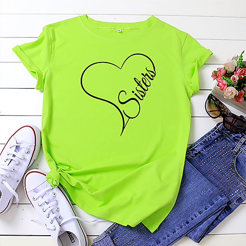 

Women's T shirt Graphic Heart Text Print Round Neck Basic Tops 100% Cotton White Yellow Blushing Pink