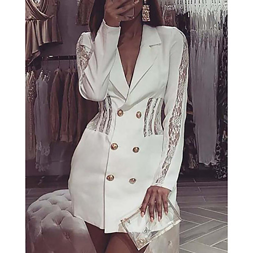 

Women's A Line Dress Short Mini Dress White Long Sleeve Solid Color Lace Button Front Summer V Neck Casual Slim 2021 S M L XL