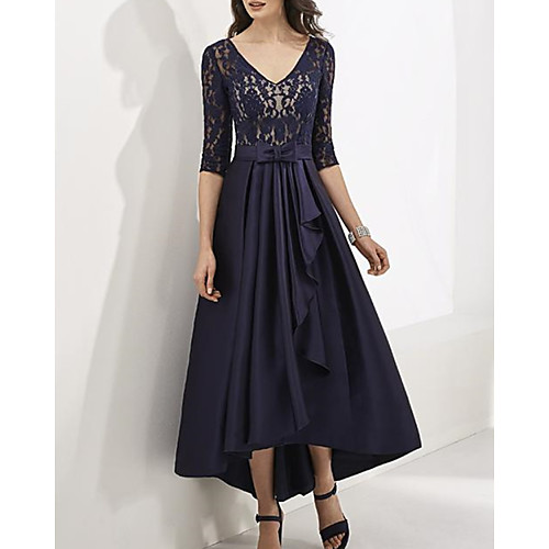 

A-Line Mother of the Bride Dress Elegant V Neck Asymmetrical Lace Satin Half Sleeve with Sash / Ribbon Bow(s) Pleats 2021