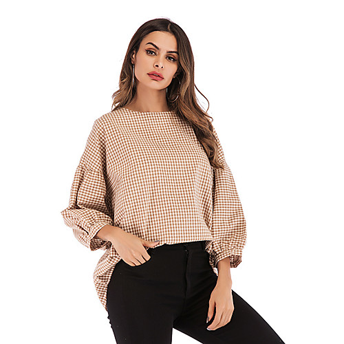 

Women's Blouse Shirt Plaid Check Long Sleeve Round Neck Basic Tops Red Beige
