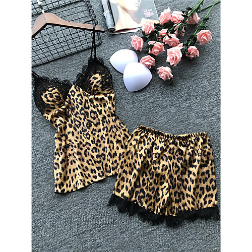 

Women's Suits Pajamas Sets Mesh Lace Patchwork Leopard POLY Spandex Casual Strap Top Shorts Deep V Daily Wear Home Buckle Lined / Super Sexy