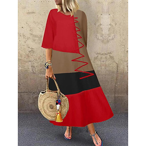 

Women's Swing Dress Maxi long Dress Gray Khaki White Red Half Sleeve Color Block Patchwork Summer Round Neck Hot Casual 2021 M L XL XXL 3XL 4XL 5XL / Cotton / Cotton