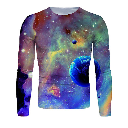 

Men's T shirt 3D Print Galaxy Graphic Long Sleeve Daily Tops Basic Blue